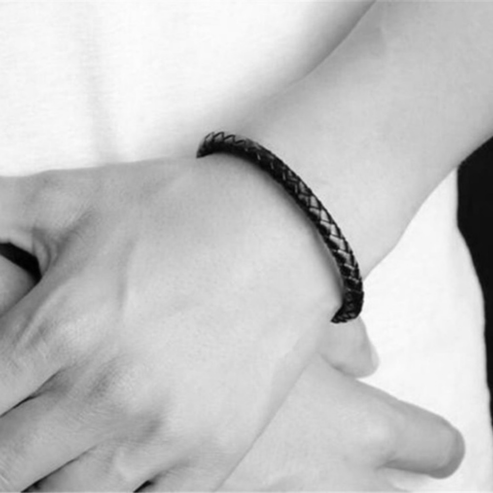 Stainless Steel Brown Braid Leather Men's Bracelet - Picture 5 of 5